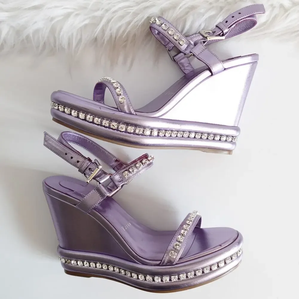 Christian Louboutin Pyrastrass Metallic Lavender Platform Wedge Sandals 38